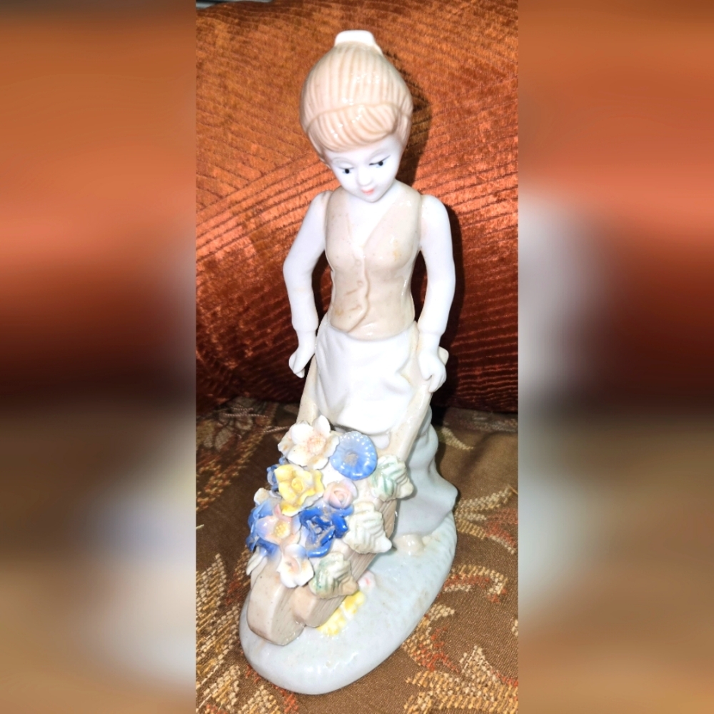 Vintage Lenwile Ardalt porcelain girl with wheelbarrow and flowers